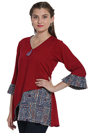 Hand Block Printed Rayon Asymmetric Top in Maroon and Blue