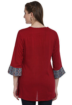 Hand Block Printed Rayon Asymmetric Top in Maroon and Blue