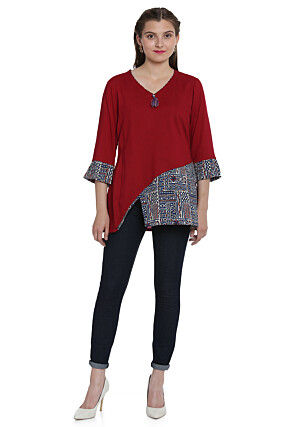 Hand Block Printed Rayon Asymmetric Top in Maroon and Blue
