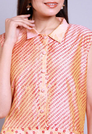 Hand Block Printed Taffeta Silk Gown in Peach