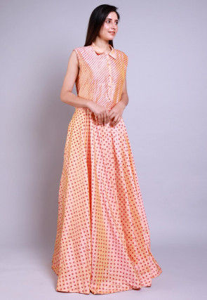 Hand Block Printed Taffeta Silk Gown in Peach