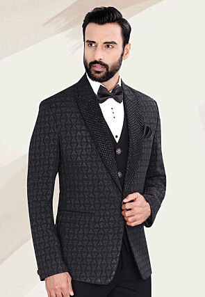 Hand Embellished Terry Rayon Jacquard Blazer in Black