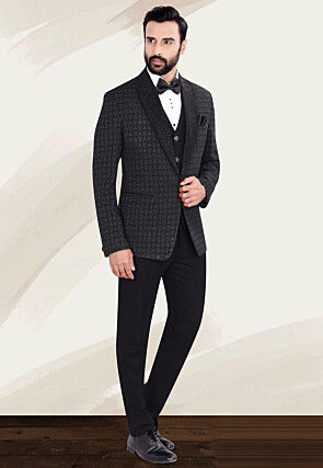 Hand Embellished Terry Rayon Jacquard Suit Set in Black