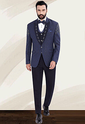 Hand Embellished Terry Rayon Jacquard Suit Set in Navy Blue