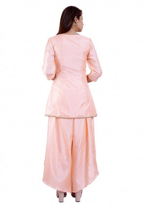 Hand Embroidered Art Silk A Line Kurti in Baby Pink