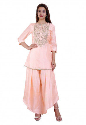 Hand Embroidered Art Silk A Line Kurti in Baby Pink