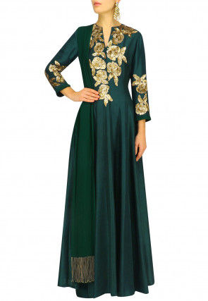 Hand Embroidered Art Silk Abaya Style Suit in Dark Teal Green