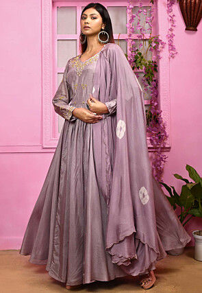 Hand Embroidered Art Silk Abaya Style Suit in Light Purple