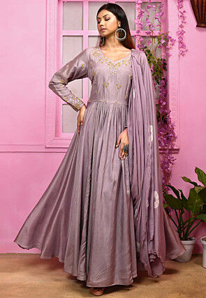Hand Embroidered Art Silk Abaya Style Suit in Light Purple