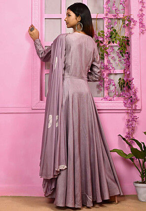 Hand Embroidered Art Silk Abaya Style Suit in Light Purple