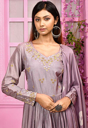 Hand Embroidered Art Silk Abaya Style Suit in Light Purple