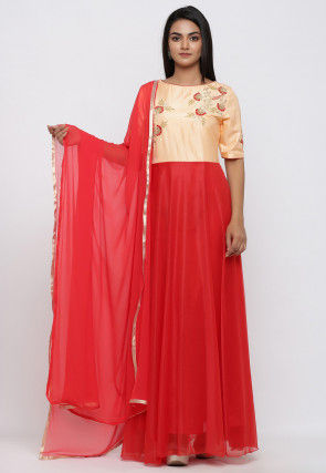 Hand Embroidered Art Silk Abaya Style Suit in Red and Peach