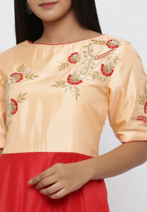 Hand Embroidered Art Silk Abaya Style Suit in Red and Peach