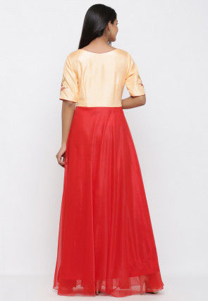 Hand Embroidered Art Silk Abaya Style Suit in Red and Peach