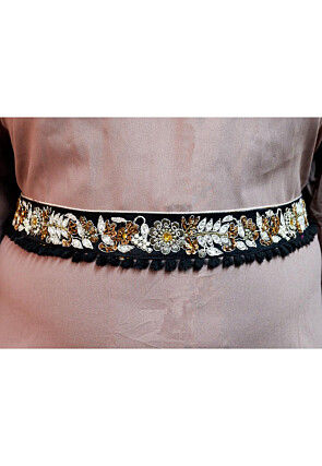 Hand Embroidered Art Silk Adjustable Waist Belt in Black