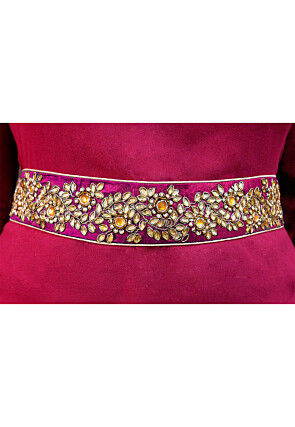 Hand Embroidered Art Silk Adjustable Waist Belt in Fuchsia