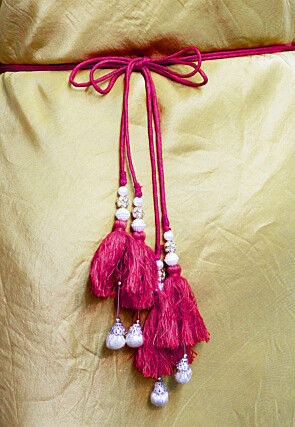 Hand Embroidered Art Silk Adjustable Waist Belt in Fuchsia