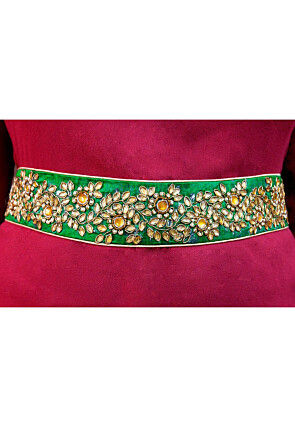 Hand Embroidered Art Silk Adjustable Waist Belt in Green