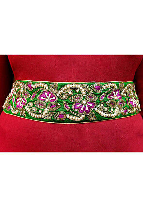 Hand Embroidered Art Silk Adjustable Waist Belt in Green