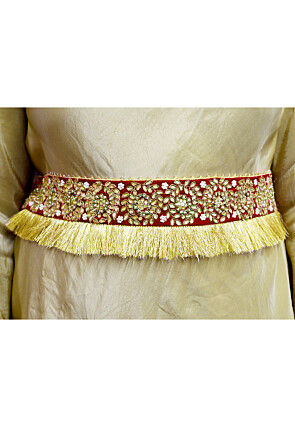 Hand Embroidered Art Silk Adjustable Waist Belt in Maroon