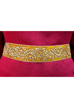 Hand Embroidered Art Silk Adjustable Waist Belt in Mustard