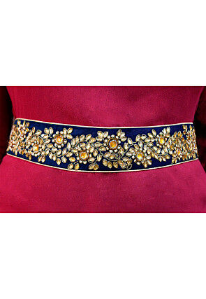 Hand Embroidered Art Silk Adjustable Waist Belt in Navy Blue