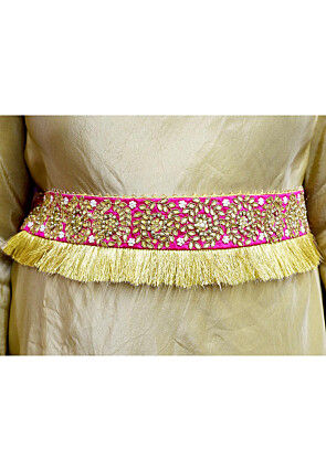 Hand Embroidered Art Silk Adjustable Waist Belt in Pink