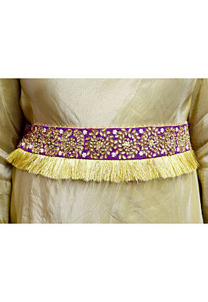 Hand Embroidered Art Silk Adjustable Waist Belt in Purple