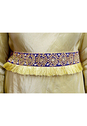 Hand Embroidered Art Silk Adjustable Waist Belt in Royal Blue