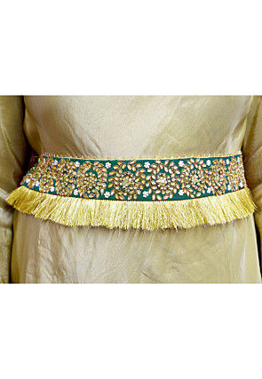 Hand Embroidered Art Silk Adjustable Waist Belt in Teal Green