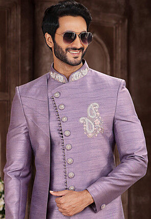 Hand Embroidered Art Silk Asymmetric Sherwani in Light Purple