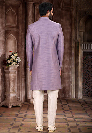 Hand Embroidered Art Silk Asymmetric Sherwani in Light Purple