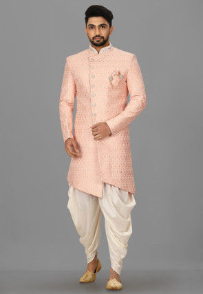 Hand Embroidered Art Silk Asymmteric Sherwani in Light Peach