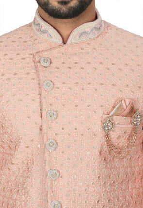 Hand Embroidered Art Silk Asymmteric Sherwani in Light Peach