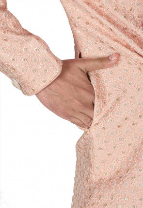 Hand Embroidered Art Silk Asymmteric Sherwani in Light Peach