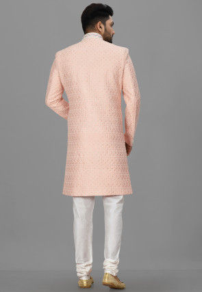 Hand Embroidered Art Silk Asymmteric Sherwani in Light Peach