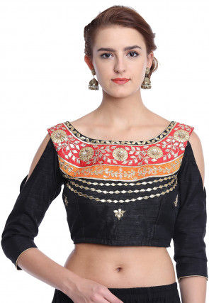Hand Embroidered Art Silk Blouse in Black