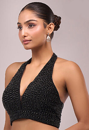 Hand Embroidered Art Silk Blouse in Black