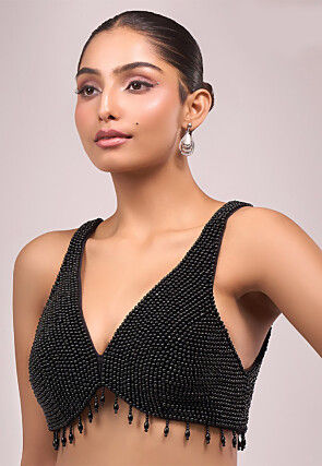 Hand Embroidered Art Silk Blouse in Black