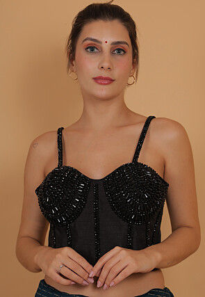 Hand Embroidered Art Silk Blouse in Black