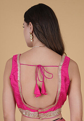Hand Embroidered Art Silk Blouse in Fuchsia