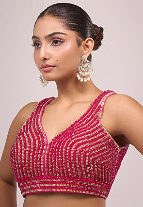 Hand Embroidered Art Silk Blouse in Fuchsia