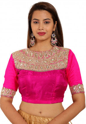 Hand Embroidered Art Silk Blouse in Fuchsia