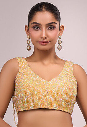 Hand Embroidered Art Silk Blouse in Golden