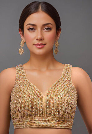 Hand Embroidered Art Silk Blouse in Golden