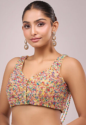 Hand Embroidered Art Silk Blouse in Multicolor