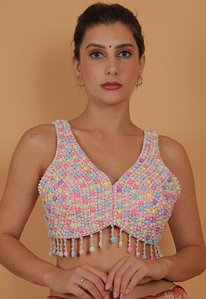 Hand Embroidered Art Silk Blouse in Multicolor