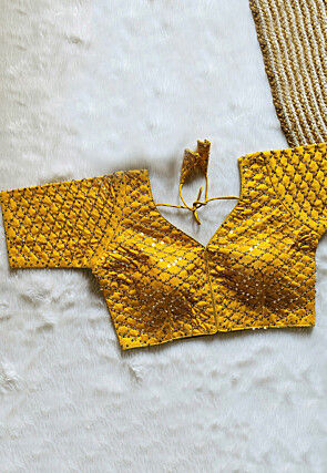 Hand Embroidered Art Silk Blouse in Mustard