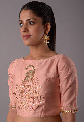 Hand Embroidered Art Silk Blouse in Peach
