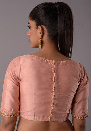Hand Embroidered Art Silk Blouse in Peach